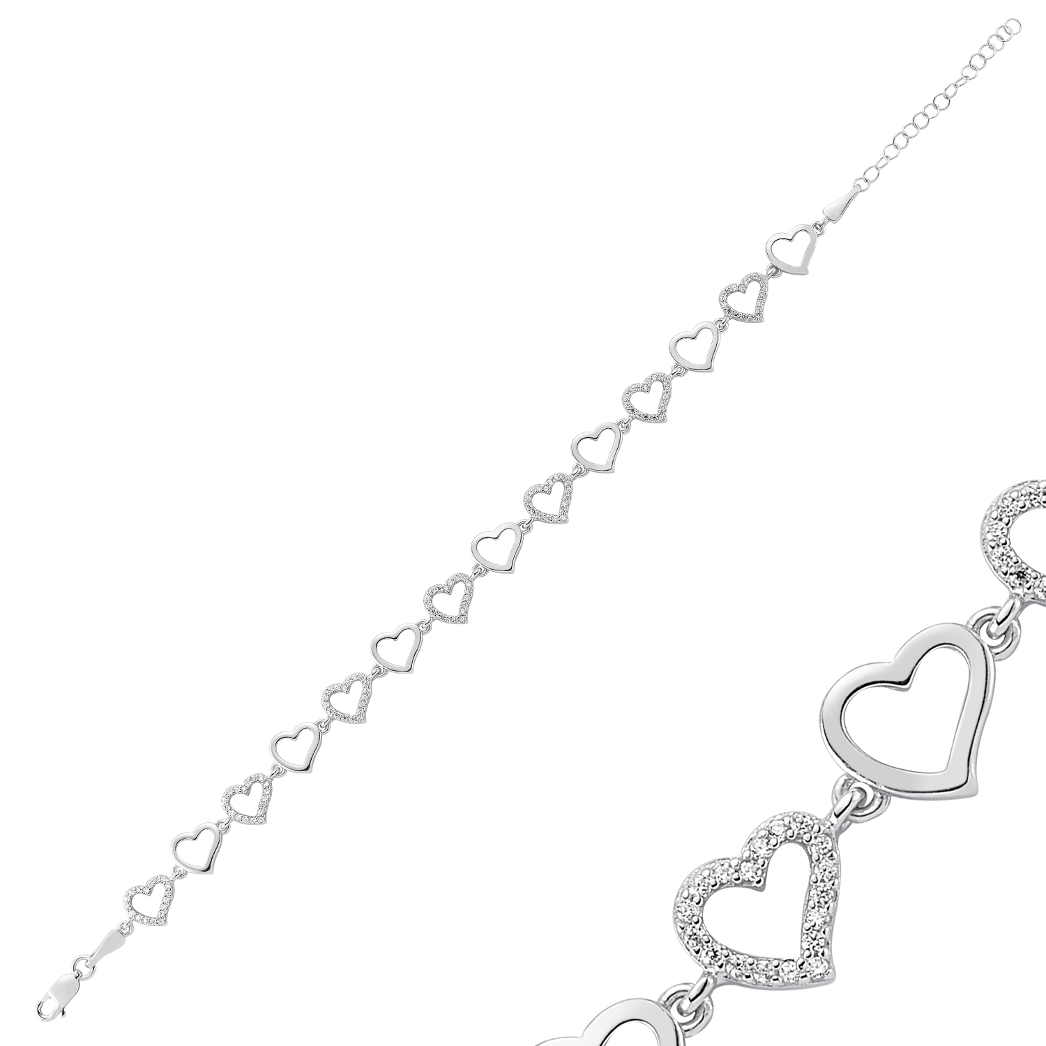 Silver Zircon Sequential Heart Bracelet