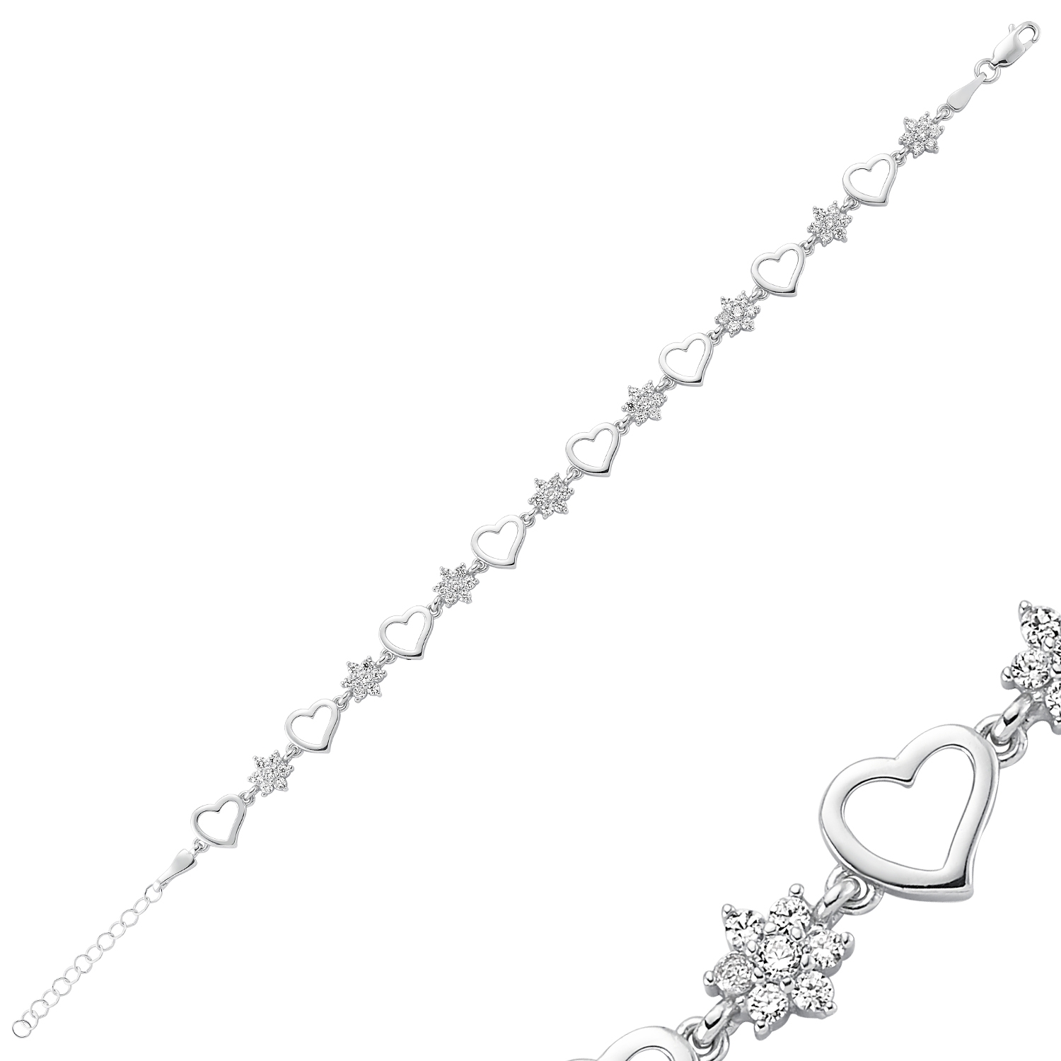 Silver Zircon Flower Heart Bracelet