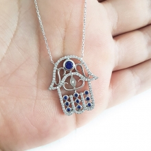 Mavi Beyaz Taşlı Hamsa Kolye Fotoğraf 2